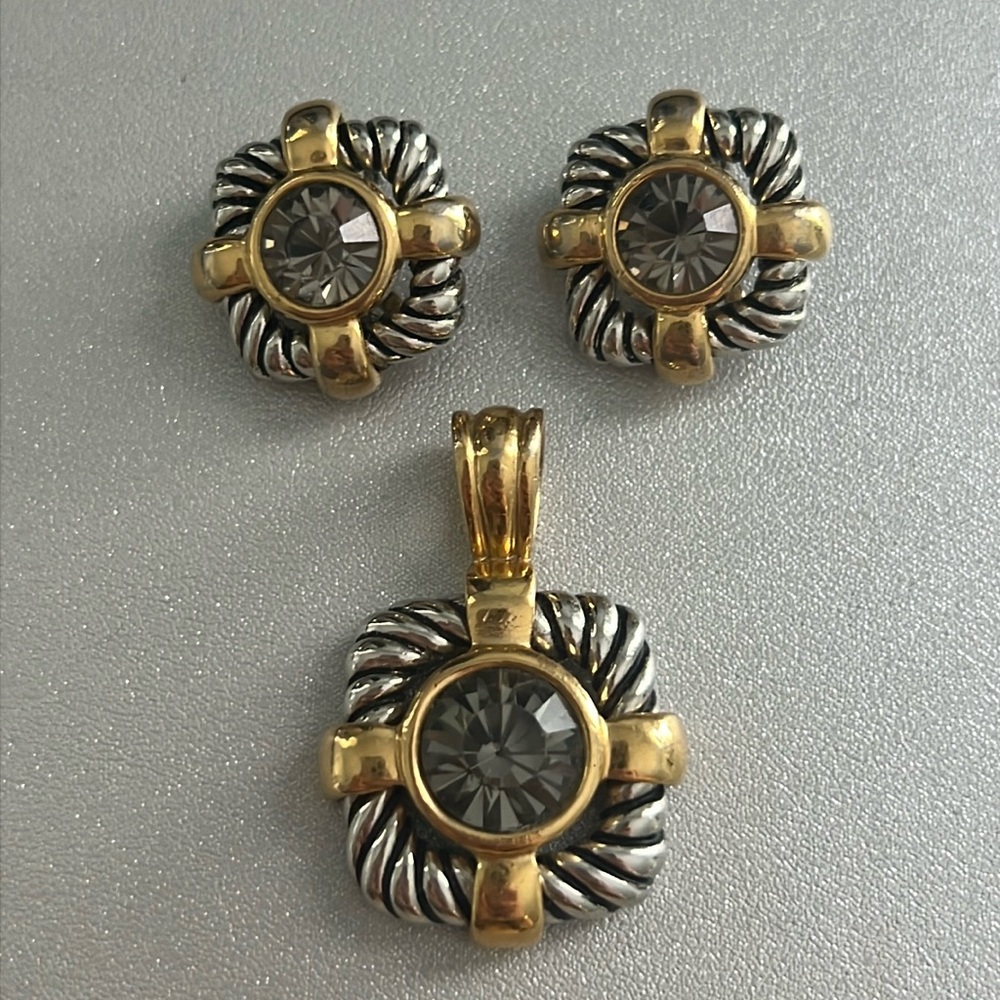 Mixed Metal Clip On Earrings & Pendant Set Silver Gold Black Crystal Statement